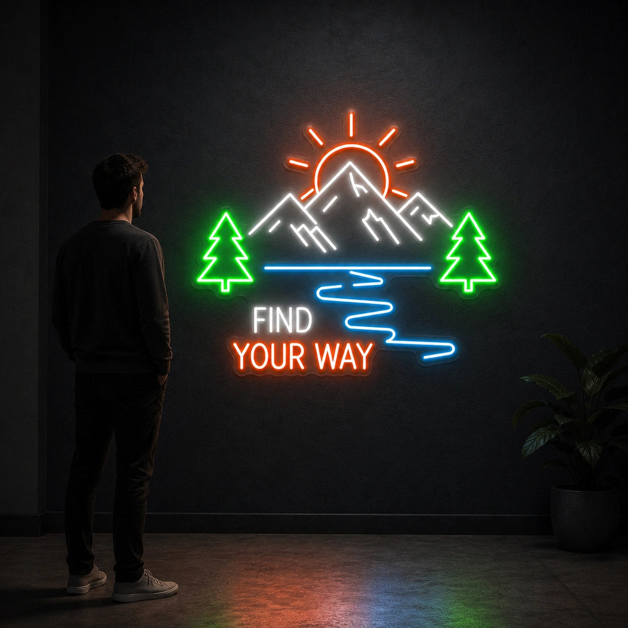 Find Your Way Mountains Trees Vintage LED Neon Sign size image