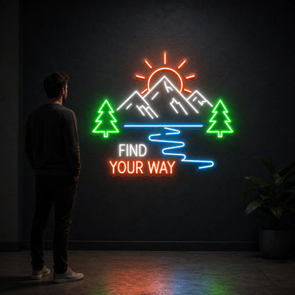 Find Your Way Mountains Trees Vintage LED Neon Sign size image