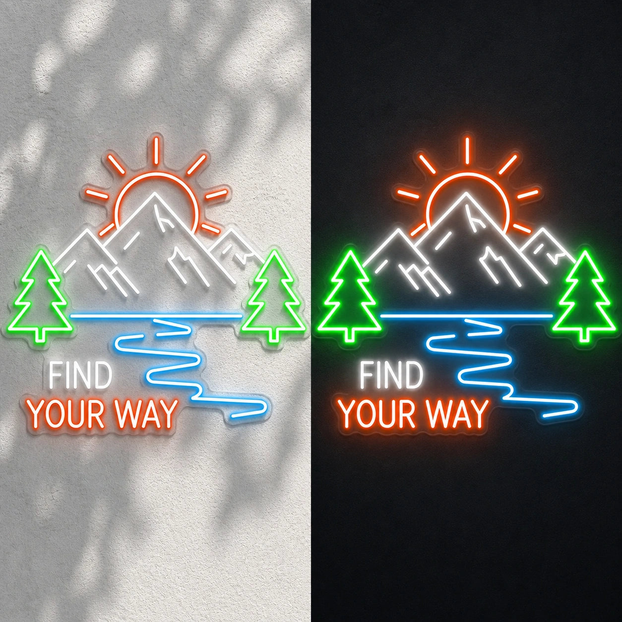 Find Your Way Mountains Trees Vintage LED Neon Sign day and night comparison