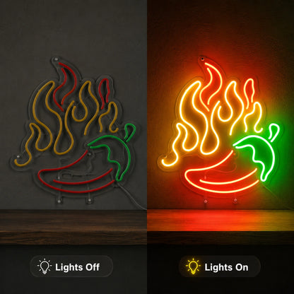 Fire BBQ Pepper Neon Sign LED Neon Sign day and night comparison