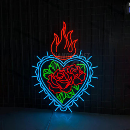 Fire Rose Flower Heart Led Light Burning Floral Heart Decor | Shineneon
