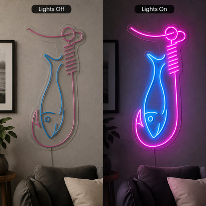 Fish Hook Neon Sign Wall Art LED Neon Sign day and night comparison