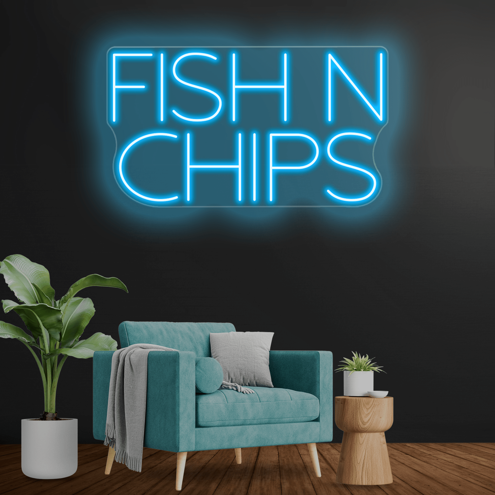 FISH N CHIPS Custom Led Neon Sign Azure Color with 28 - inch - Shineneon