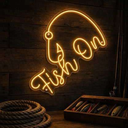 Fish On With Curved Fishing Hook LED Neon Sign - Shineneon