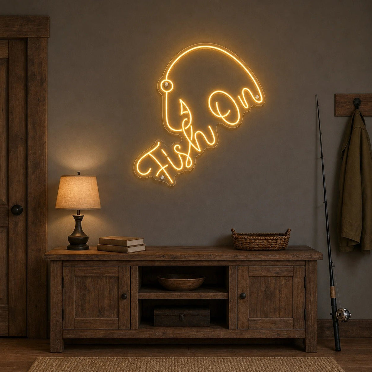Fish On With Curved Fishing Hook LED Neon Sign - Shineneon