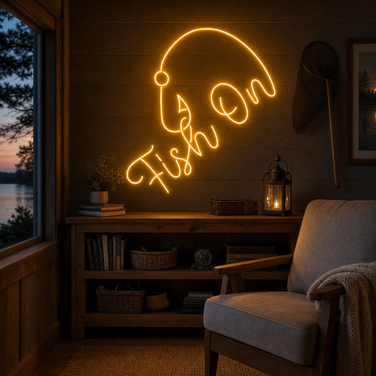 Fish On With Curved Fishing Hook LED Neon Sign Home Bar Wall Decoration real lifestyle scene