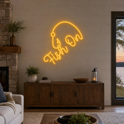 Fish On With Curved Fishing Hook LED Neon Sign Home Bar Wall Decoration size image