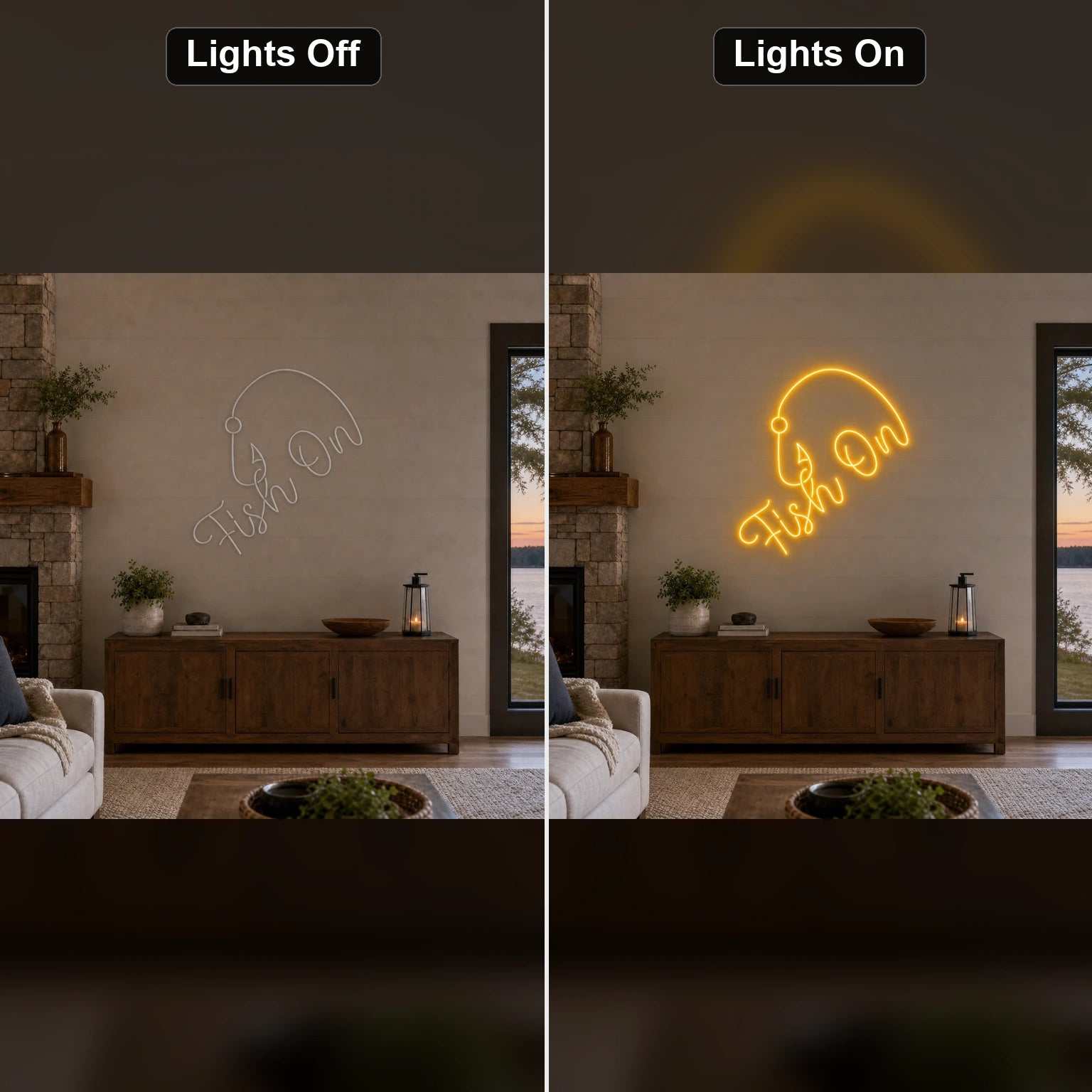 Fish On With Curved Fishing Hook LED Neon Sign Home Bar Wall Decoration day and night comparison
