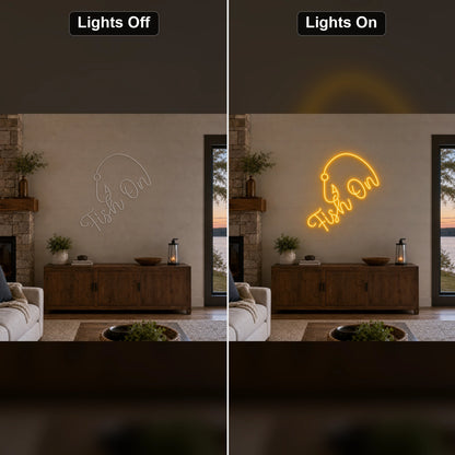 Fish On With Curved Fishing Hook LED Neon Sign Home Bar Wall Decoration day and night comparison