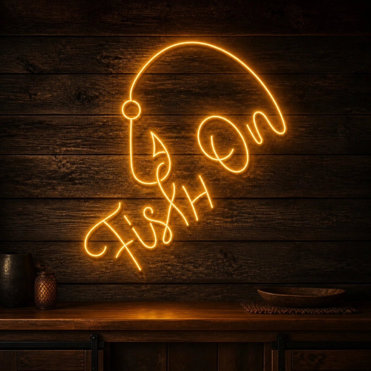 Fish On With Curved Fishing Hook LED Neon Sign Man Cave Neon Sign - Shineneon