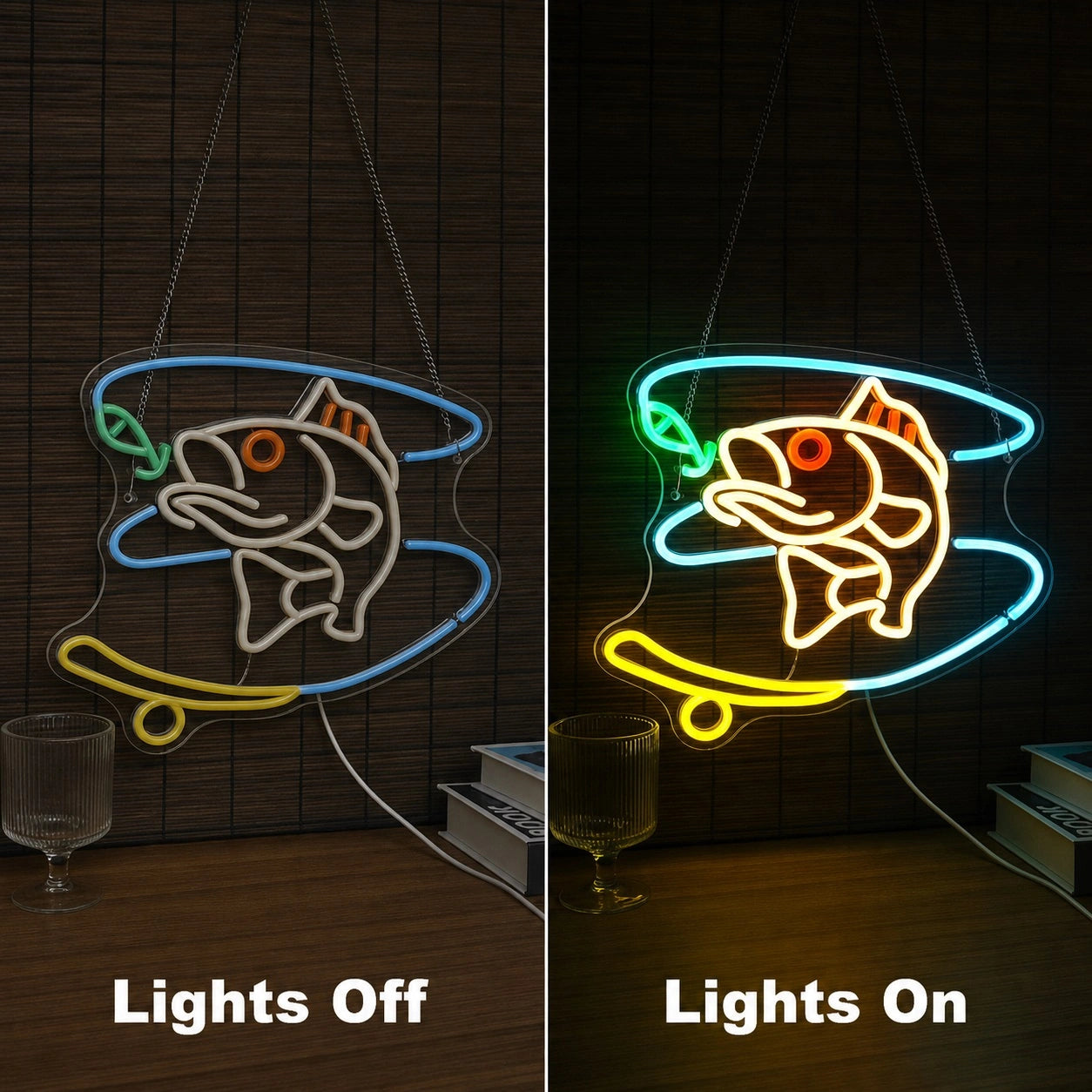 Fish Silhouette Wall LED Neon Sign day and night comparison