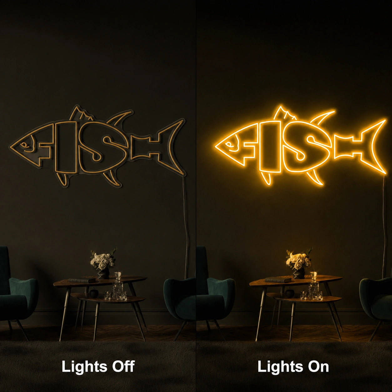 Fishbone Neon Sign LED Neon Sign day and night comparison
