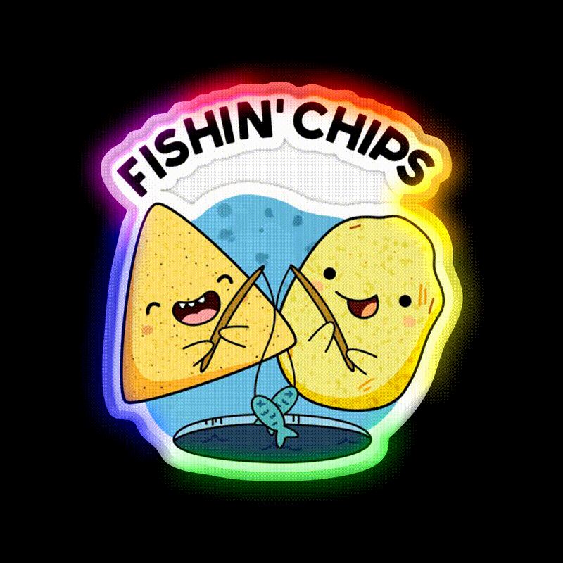 Fishin Chips Funny Food Puns Snack Food Led Neon Sign Rgb Color - LED neon sign close-up detail