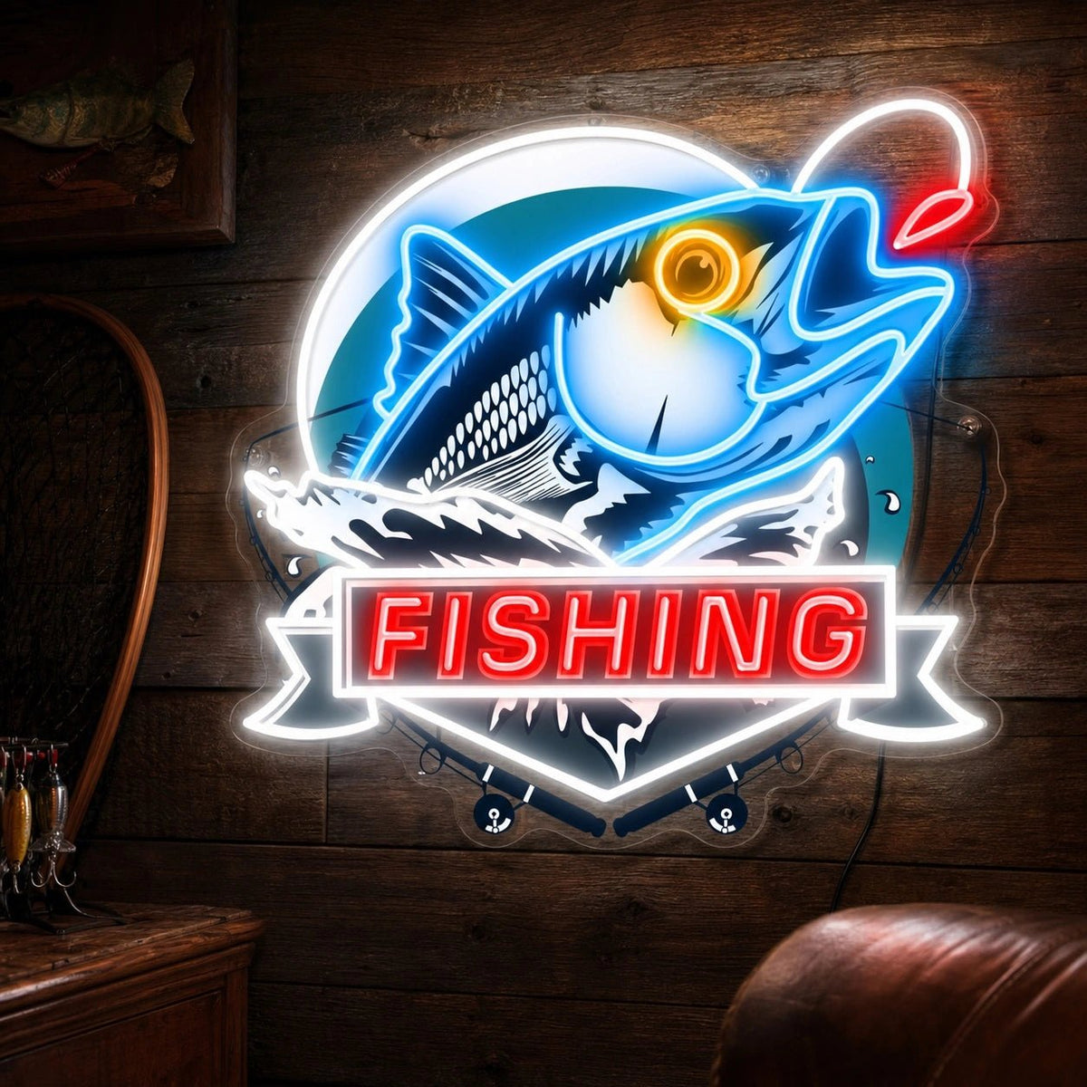 Fishing Fish Badge Man Cave LED Neon Sign - Shineneon