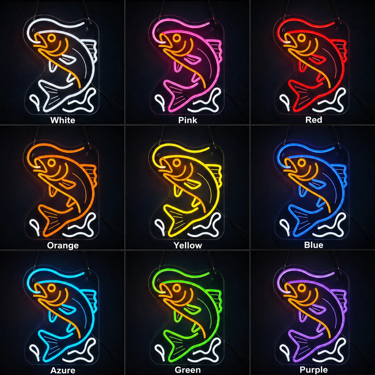 Fishing Fish Outline LED Neon Sign day and night comparison