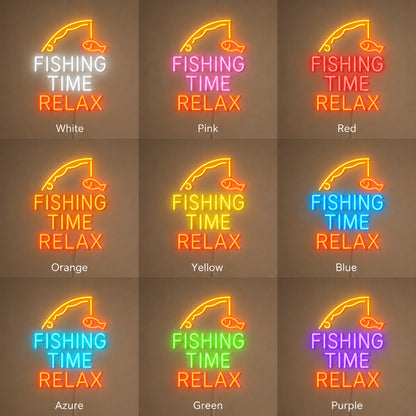Fishing Time Relax LED Neon Sign day and night comparison