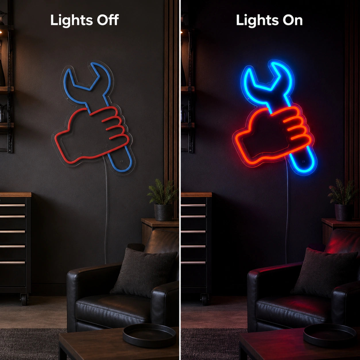 Fist Holding Wrench LED Neon Sign day and night comparison