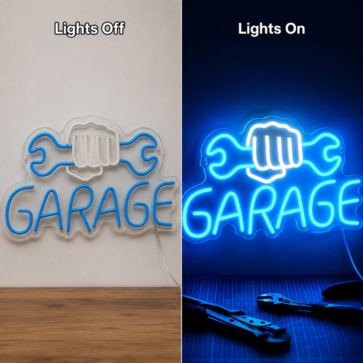 Fist Wrench Garage Neon Sign LED Neon Sign day and night comparison