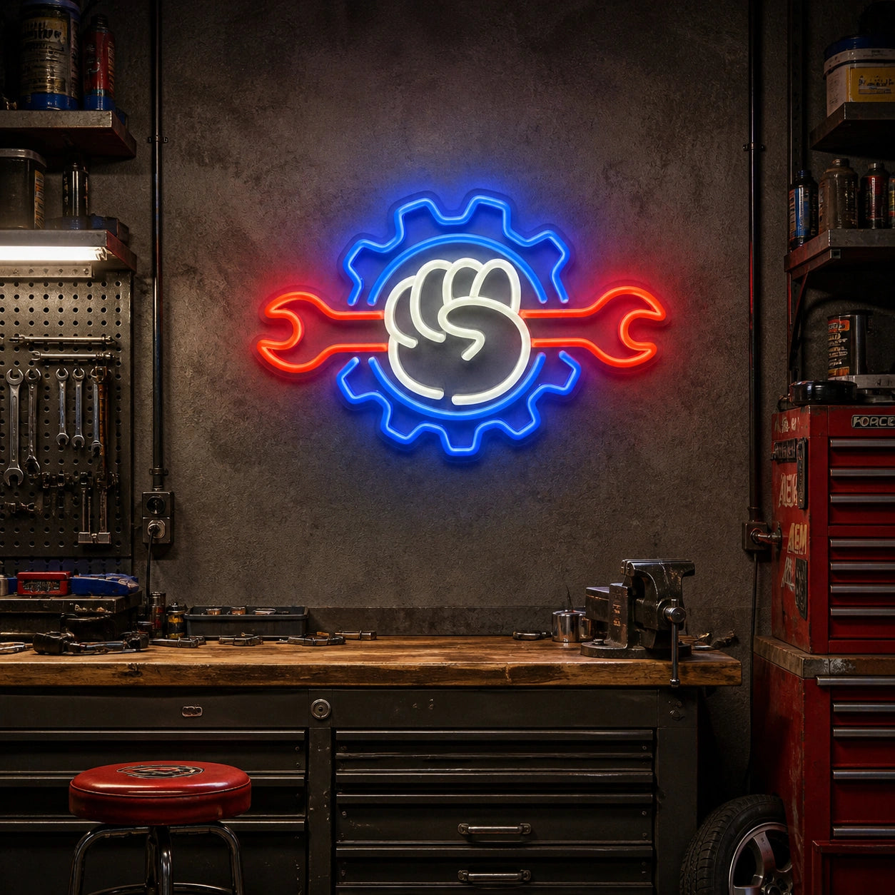 Fist Wrench Gear Vintage LED Neon Sign real lifestyle scene