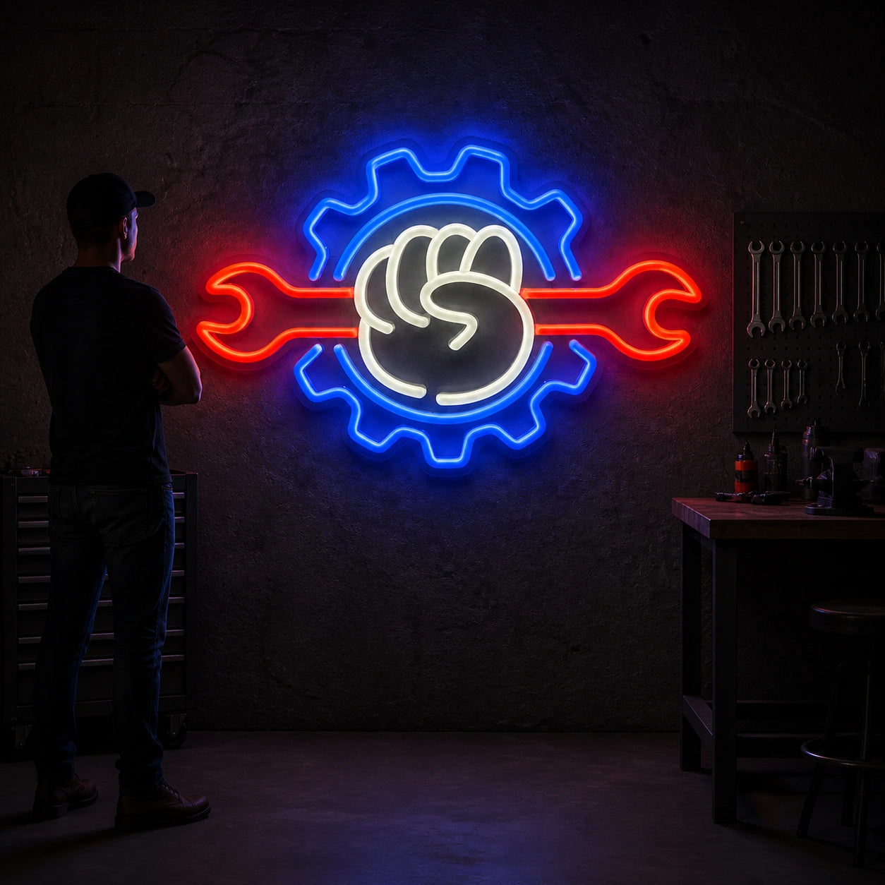 Fist Wrench Gear Vintage LED Neon Sign size image