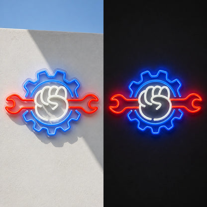 Fist Wrench Gear Vintage LED Neon Sign day and night comparison