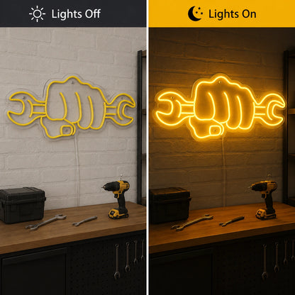 Fist Wrench Neon Sign LED Neon Sign day and night comparison