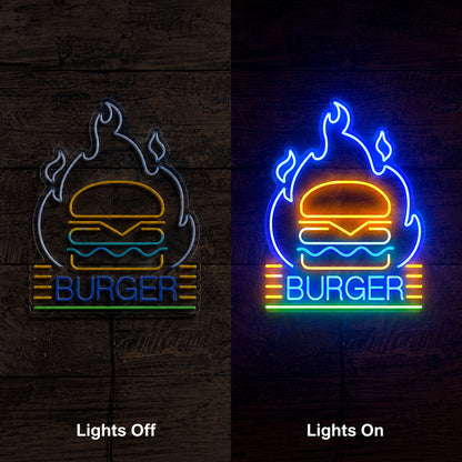Flame Burger Neon Sign LED Neon Sign day and night comparison