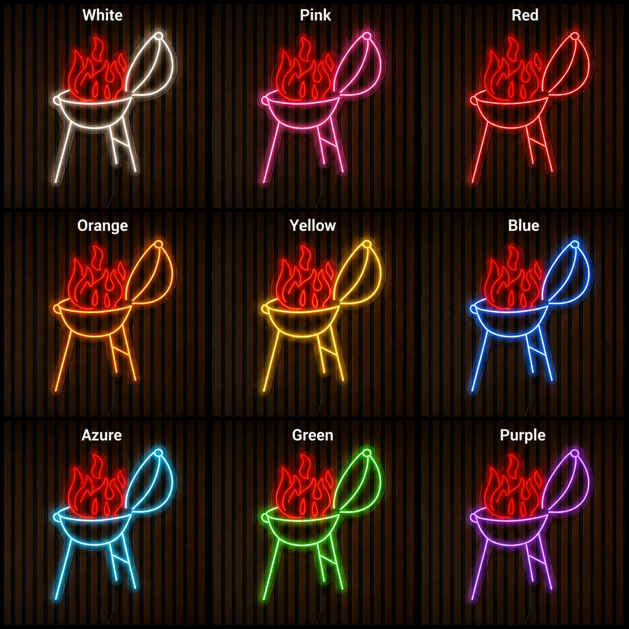 Flaming BBQ Grill LED Neon Sign day and night comparison