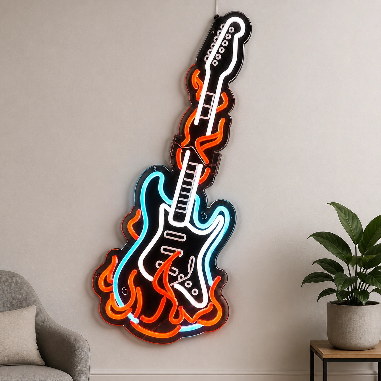 Flaming Electric Guitar Garage Neon Sign Vintage LED Neon Sign size image