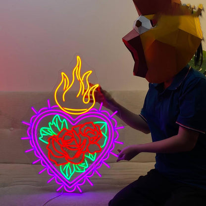 Flaming Heart Rose Flower Led Neon Sign Flower Led Neon Sign | Shineneon