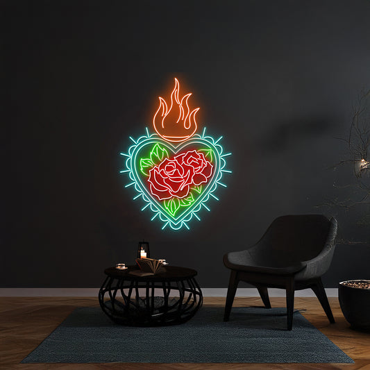 Flaming Heart Rose Flower Neon Sign