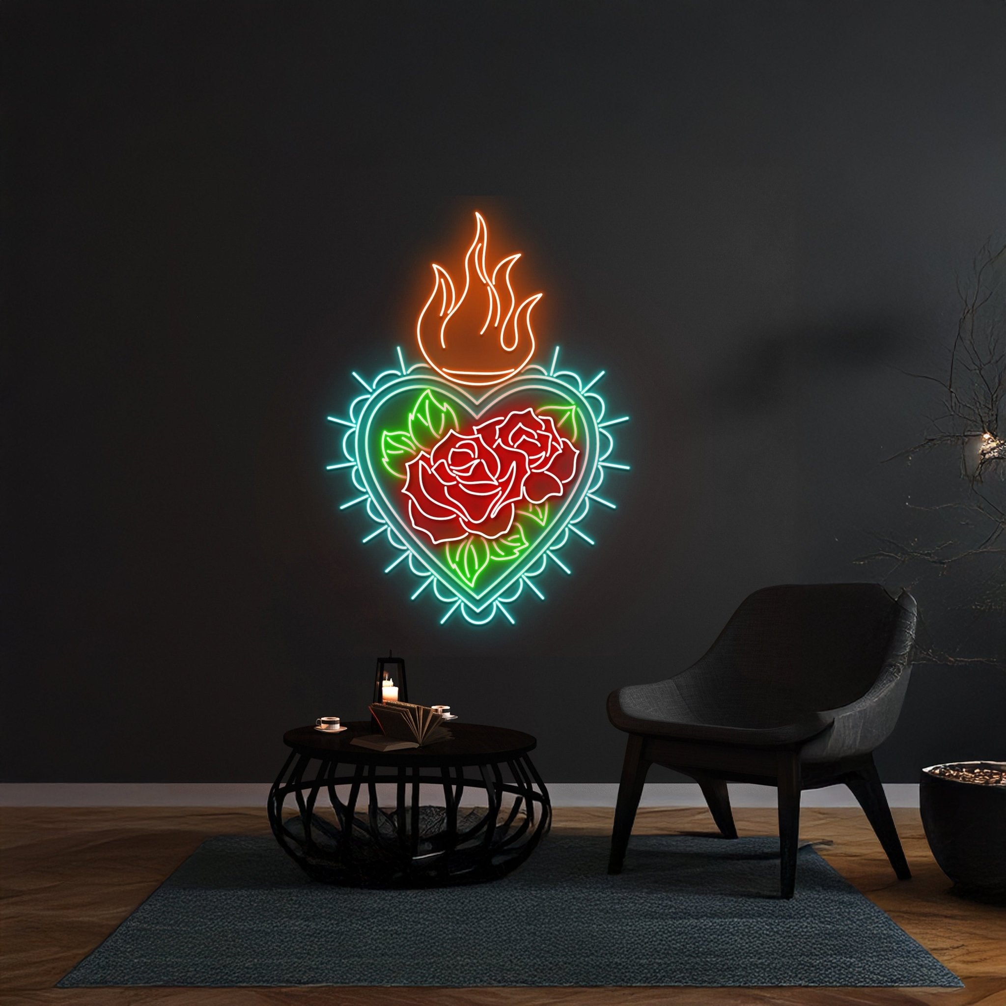 Flaming Heart Rose Flower Neon Sign - Shineneon