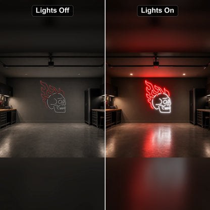 Flaming Skull LED Neon Sign Home Bar Wall Decoration day and night comparison