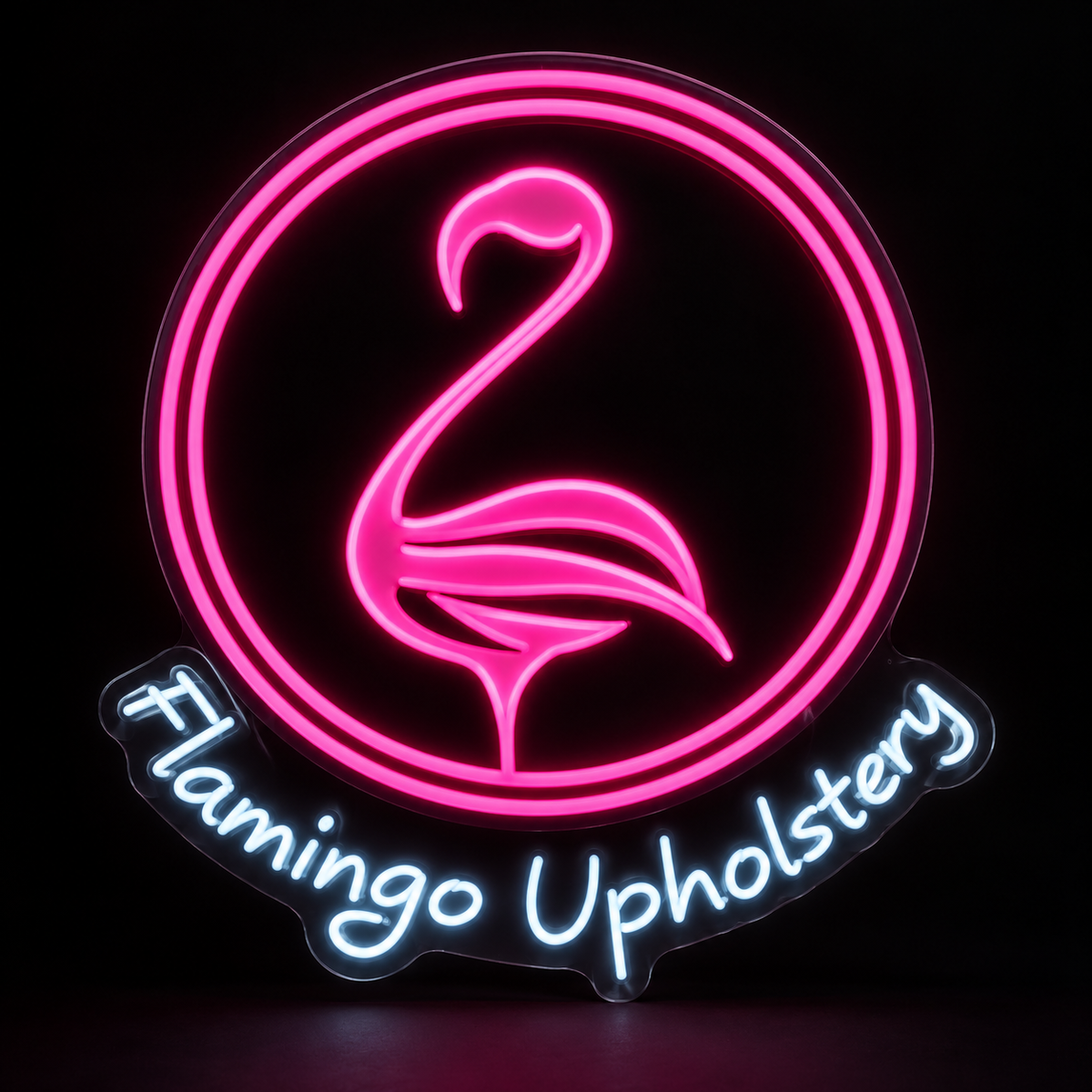 Flamingo Upholstery Custom LED Neon Sign | 27e1ef3364292d01780a9a3710eb9f9e9d1f673b69186fdbc54062396539c23c | effect