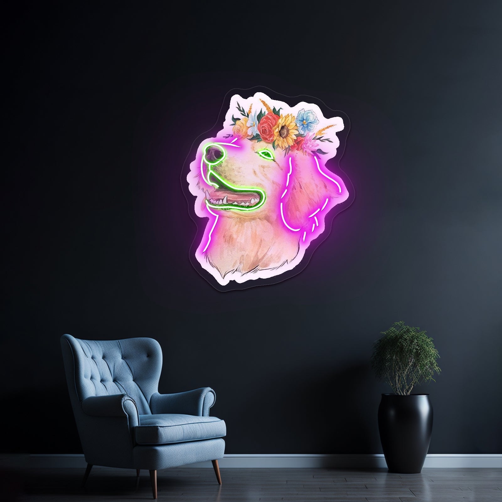 Flower Crown Golden Retriever Smiley Face Neon Sign - Shineneon