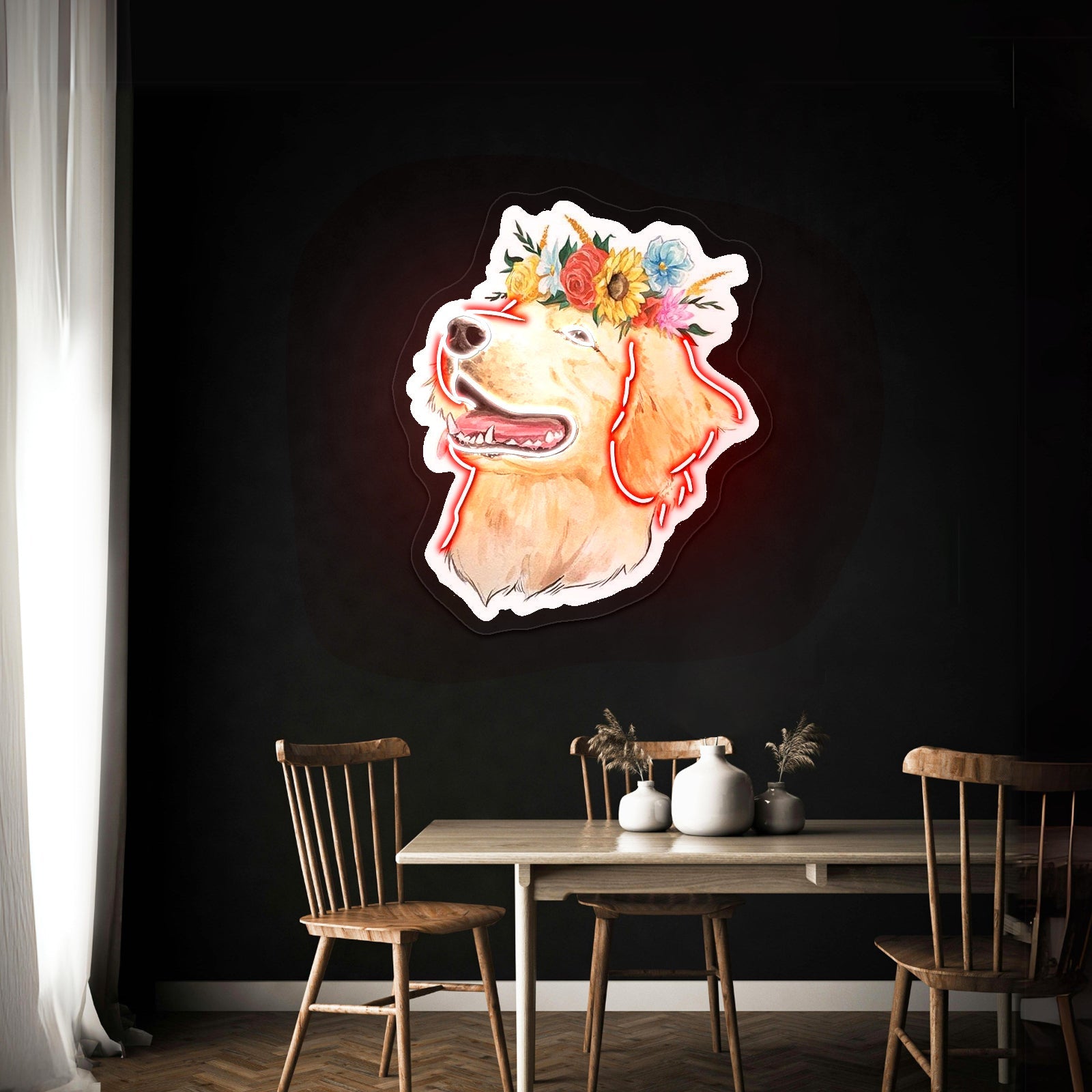 Flower Crown Golden Retriever Smiley Face Neon Sign - Shineneon