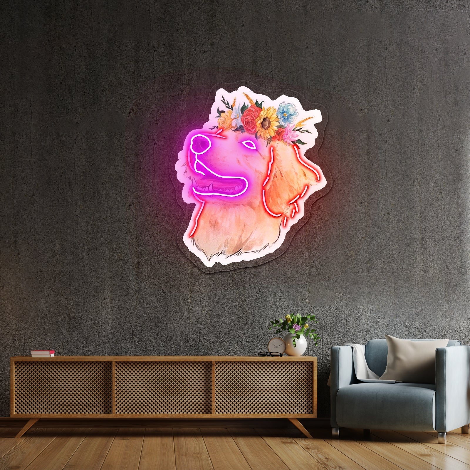 Flower Crown Golden Retriever Smiley Face Neon Sign - Shineneon