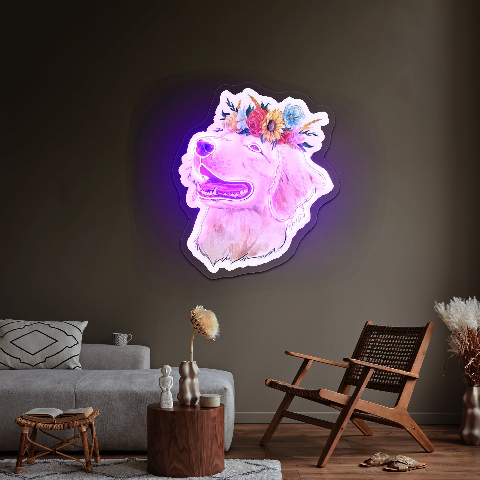 Flower Crown Golden Retriever Smiley Face Neon Sign