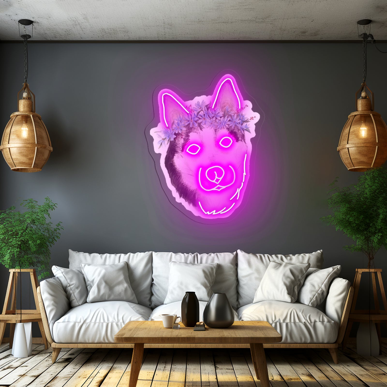 Flower Crown Husky Cute Dog Neon Signs