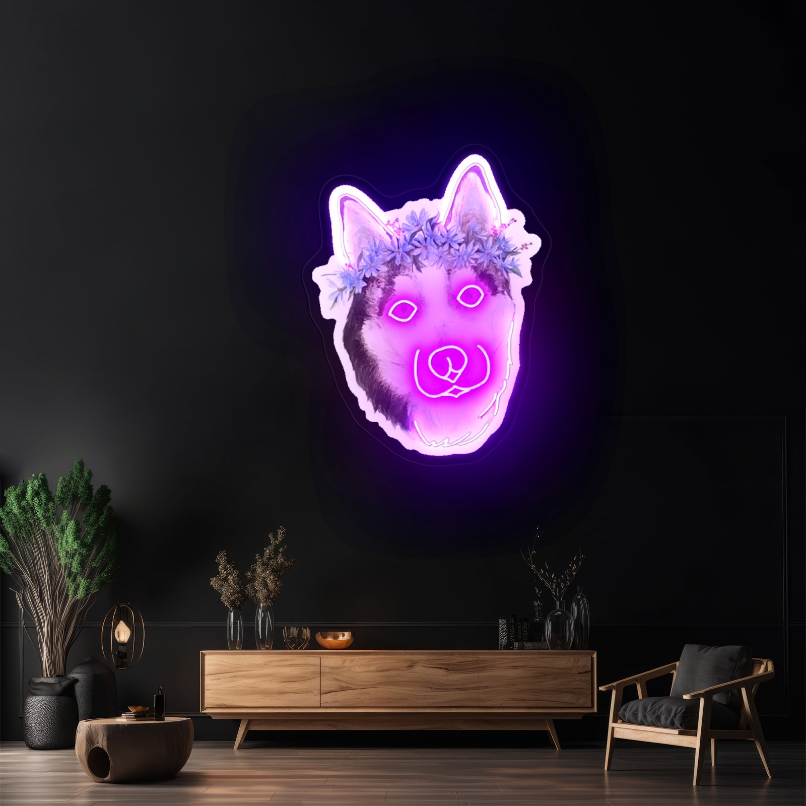 Flower Crown Husky Cute Dog Neon Signs
