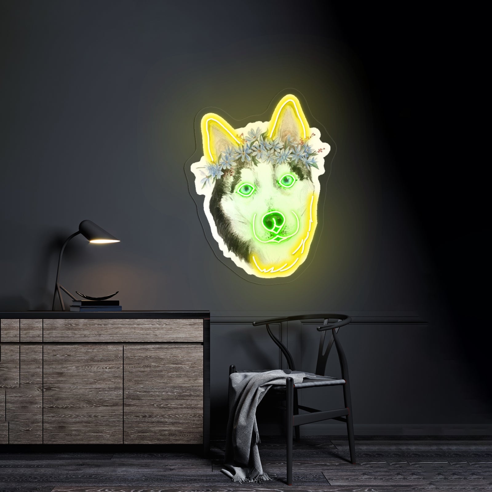 Flower Crown Husky Cute Dog Neon Signs