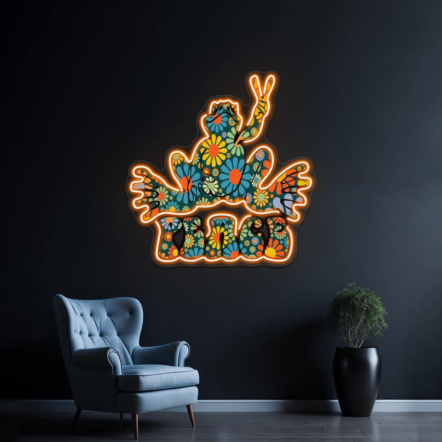 Flower Power Peace Frog Wall Artwork Neon Signs