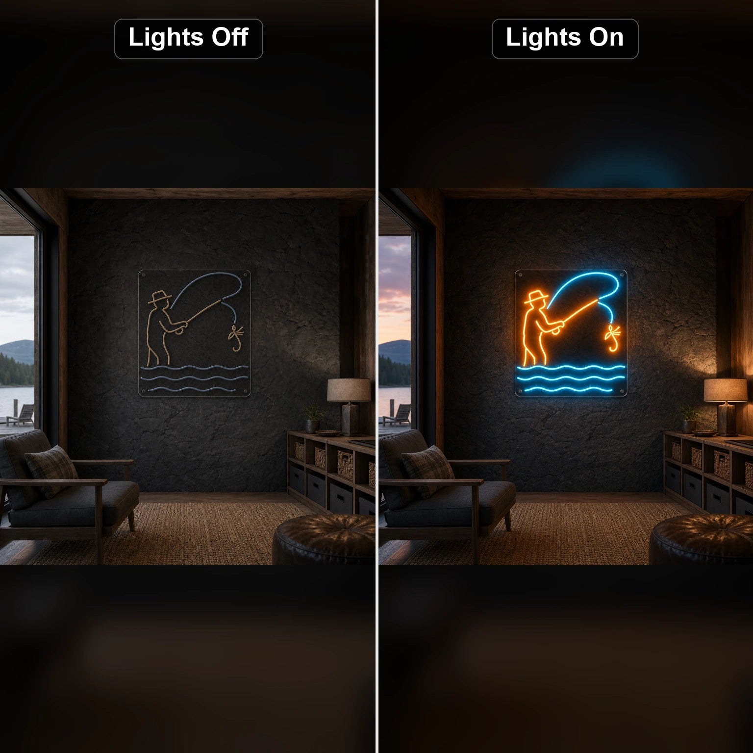 Fly Fishing LED Neon Sign Home Bar Wall Decoration day and night comparison