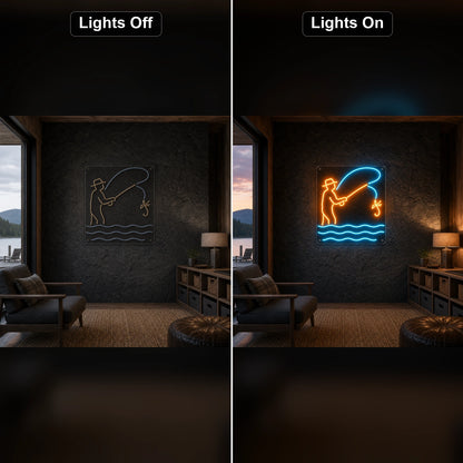 Fly Fishing LED Neon Sign Home Bar Wall Decoration day and night comparison