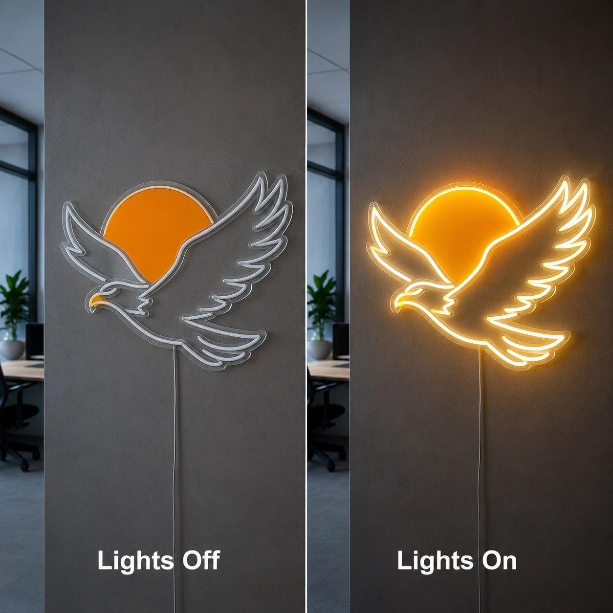 Flying Eagle Sunrise Neon Sign LED Neon Sign day and night comparison