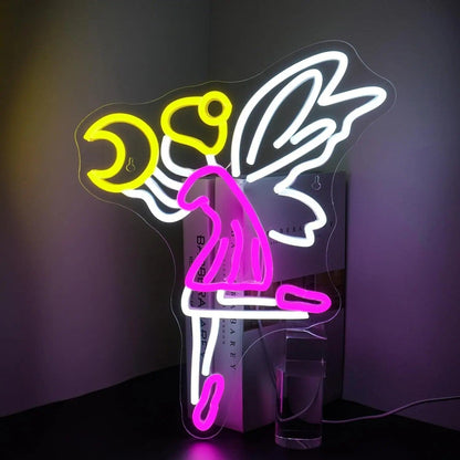 Flying Fairy Moon Pink-White-Yellow Winged Bird Led Neon Sign For Indoor Decor | Shineneon