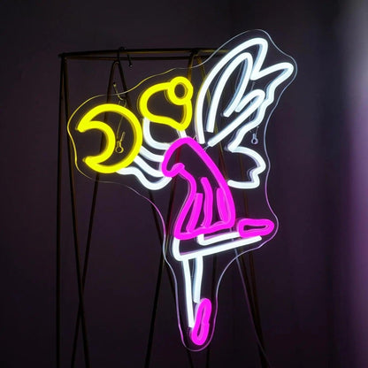 Flying Fairy Moon Pink-White-Yellow Winged Bird Led Neon Sign For Indoor Decor | Shineneon