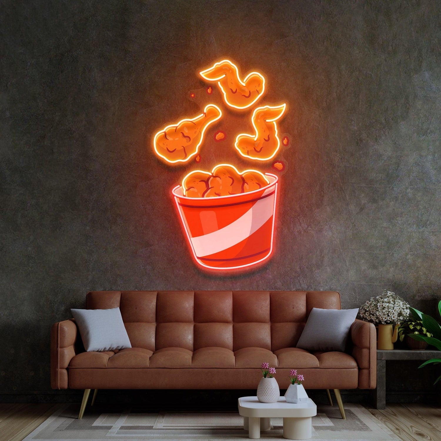 Flying Fried Chicken Red-Yellow Cartoon Uv Printed Led Neon Sign For Restaurant Wall | Shineneon