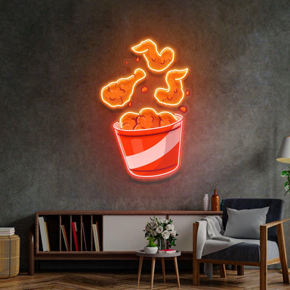 Flying Fried Chicken Red-Yellow Cartoon Uv Printed Led Neon Sign For Restaurant Wall | Shineneon