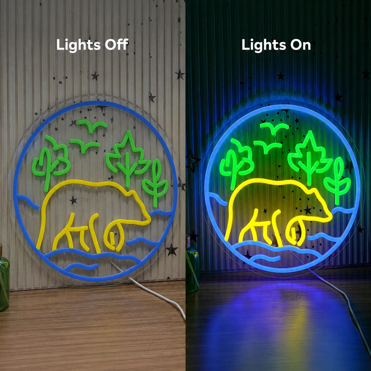 Forest Bear Lodge Neon Sign LED Neon Sign day and night comparison